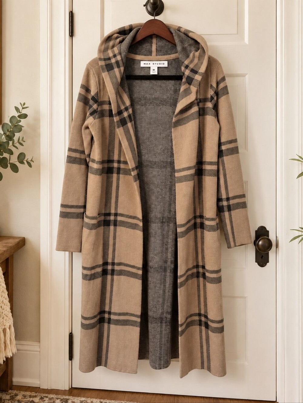 Max Studio Plaid Hooded Longline Duster Cardigan M Tan Taupe